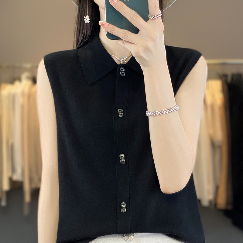 百搭BI选~女士POLO领无袖显瘦气质精纺羊毛针织衫