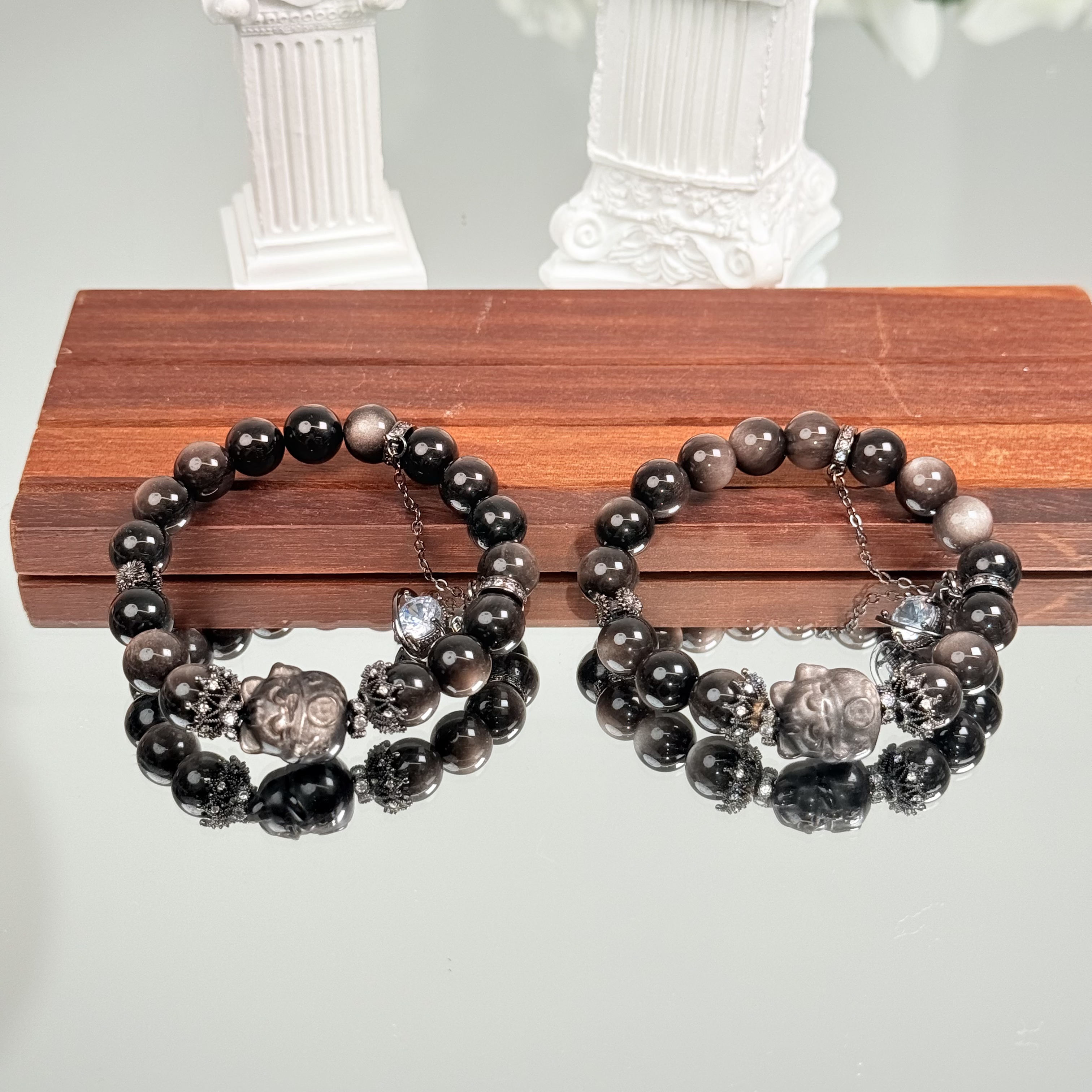 【1846 来富不愁】银曜石招财猫10mm手串面小仙多样性发其一Z