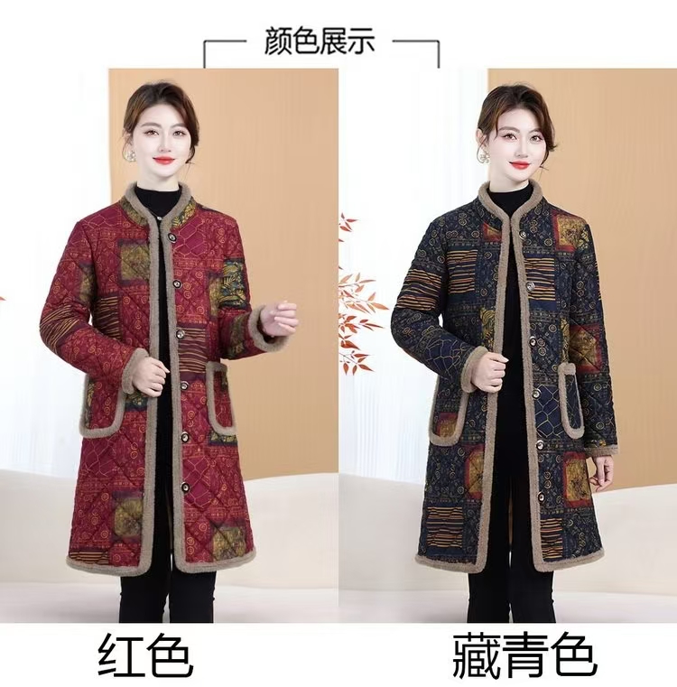 2025秋冬新款加绒加厚带毛边棉衣加厚外套妈妈装外套加长款