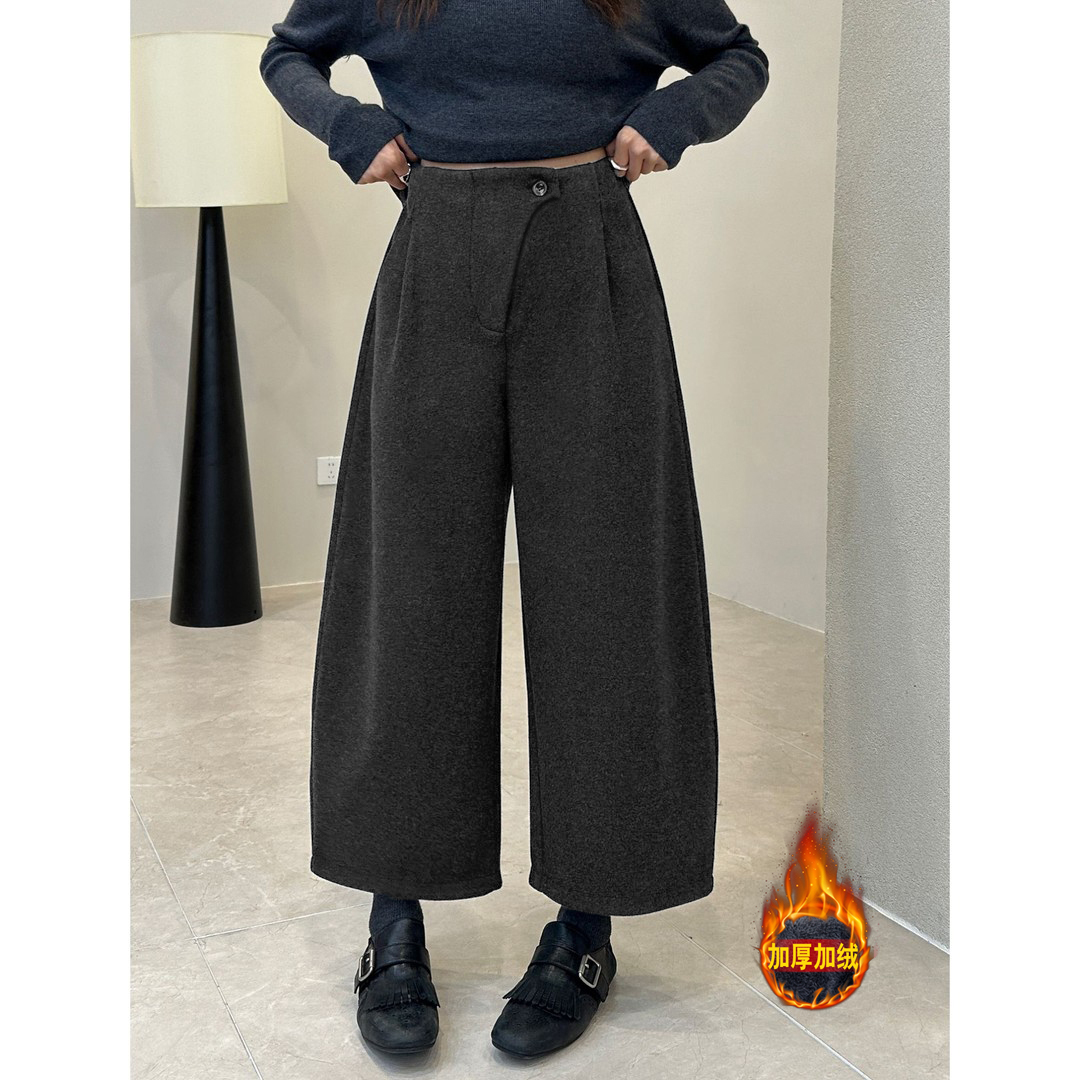 加绒加厚灰色毛呢阔腿裤女秋冬新款高腰垂感直筒慵懒风羊毛西装裤