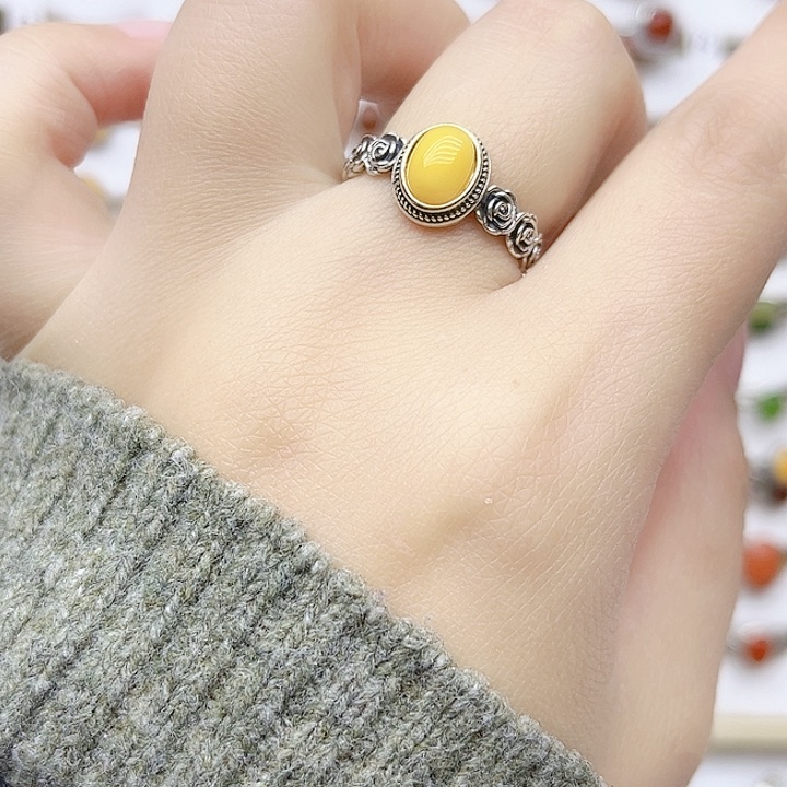 蜜蜡戒指银S925镶嵌天然