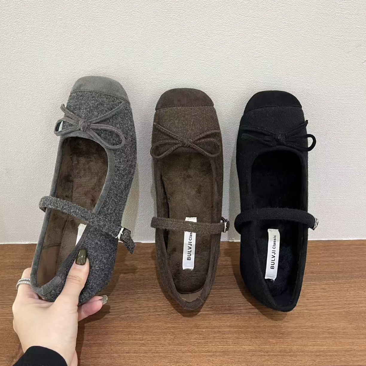 团团家 A1223-1 增高蝴蝶结法式秋冬单鞋女士软底加绒软底通勤