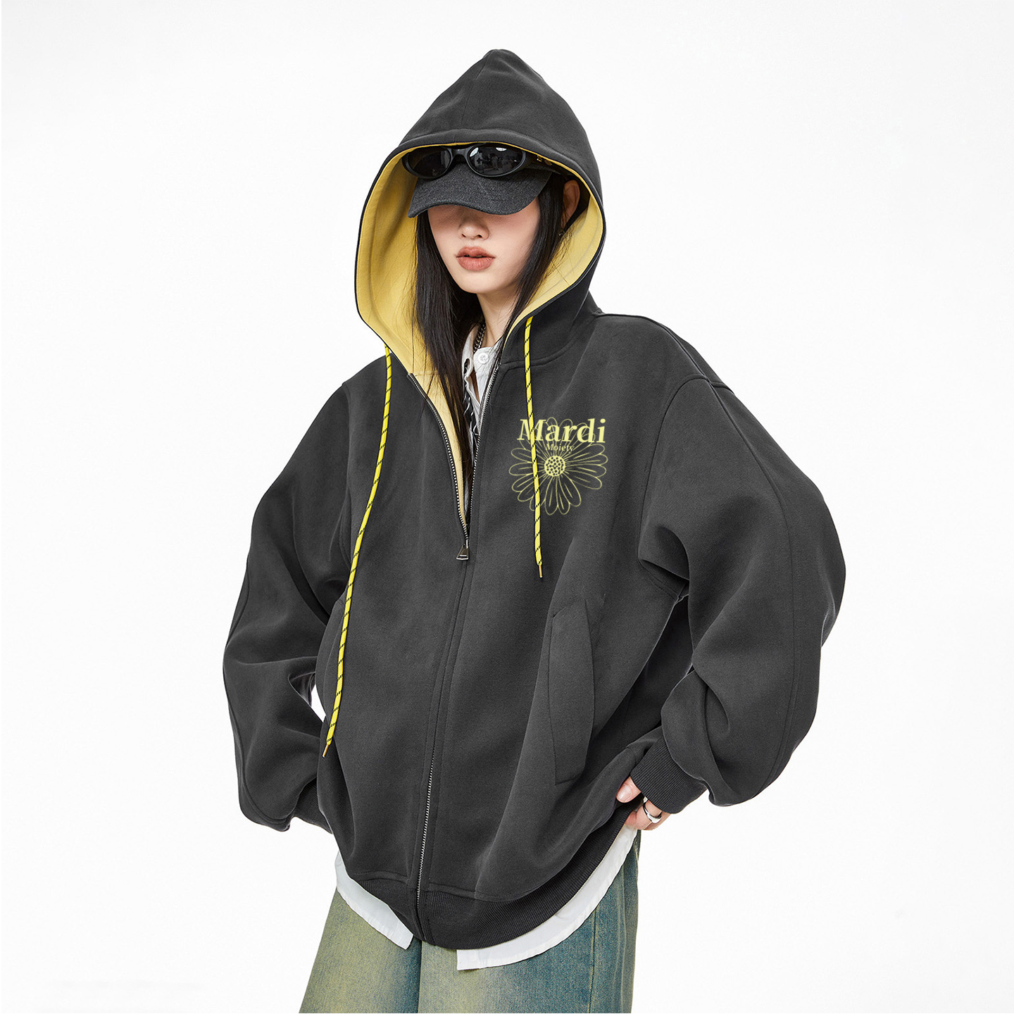 Mardi Moiety小雏菊美式复古连帽卫衣外套女秋冬宽松慵懒风上衣春