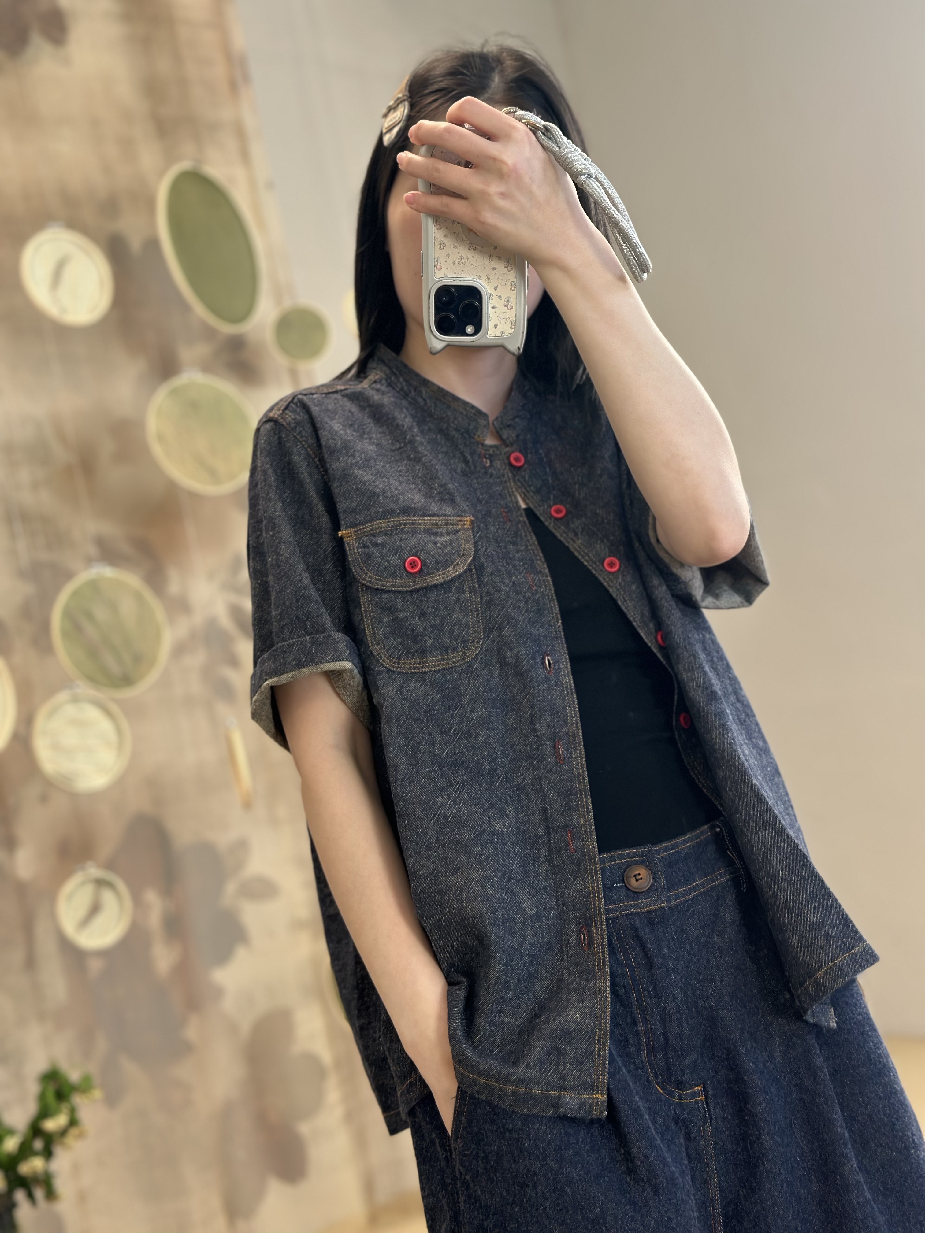 忆古朴拙250337新款色织棉立领上衣时尚宽松夏季休闲做旧短袖