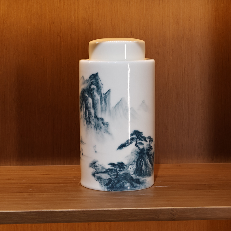 何白经典中国白猪油白釉下手绘“山水”茶叶罐高颜值储存罐密封罐