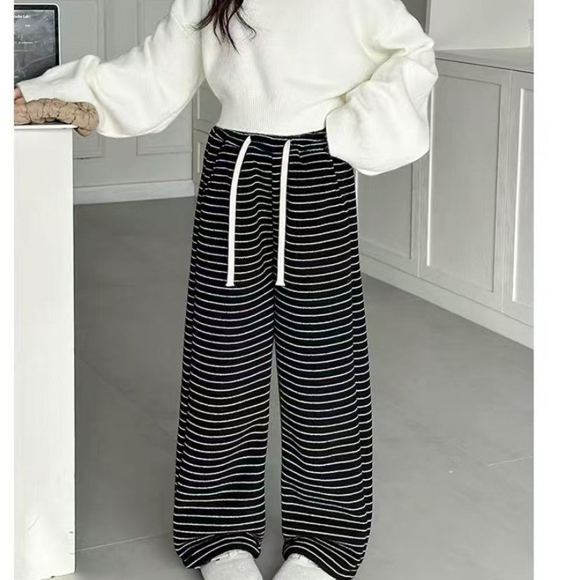 垂感休闲裤松紧带韩版高腰休闲长裤显瘦裤子条纹宽松