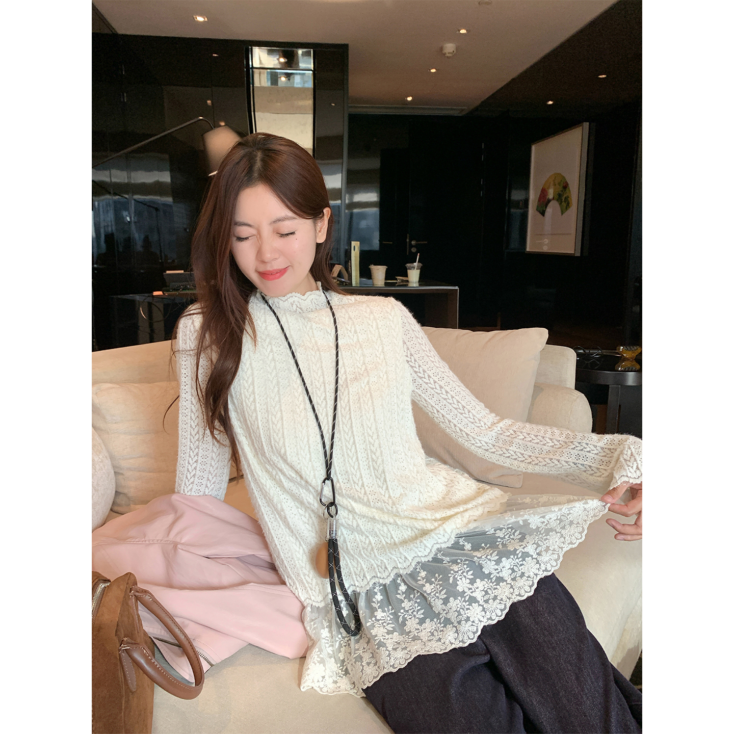 曾小咸韩系蕾丝花边长袖内搭打底衫单穿上衣ZA54TXF0490