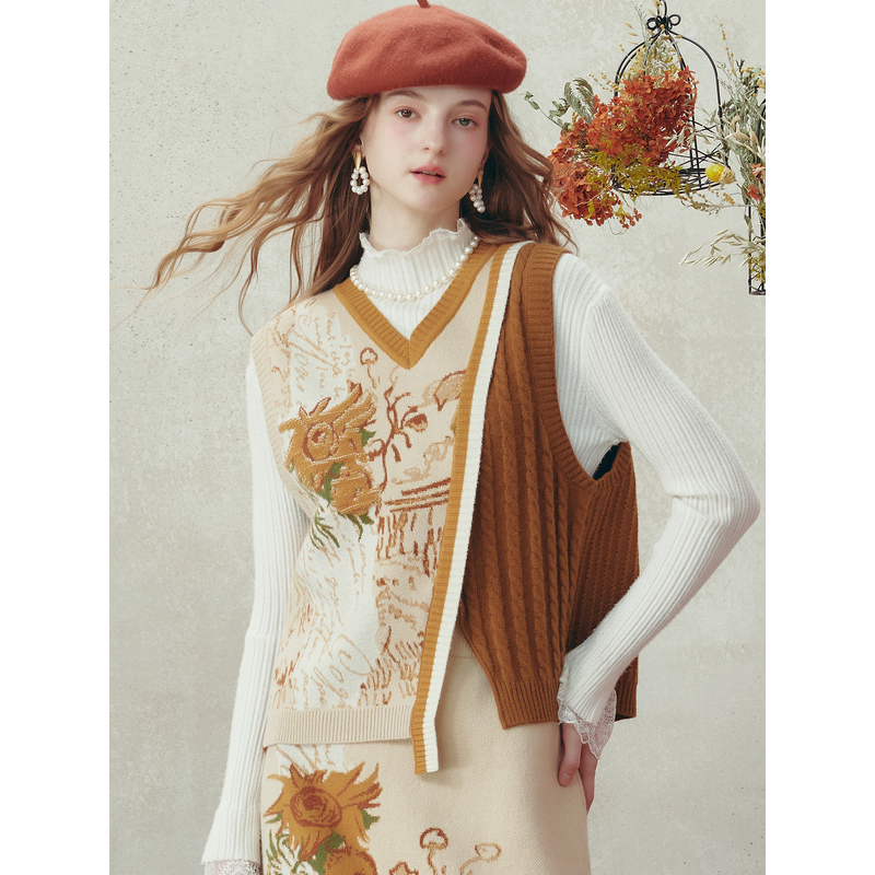 两三事梵高文艺记忆荒岛不对称下摆后背绑带花色马甲S25DMJ120