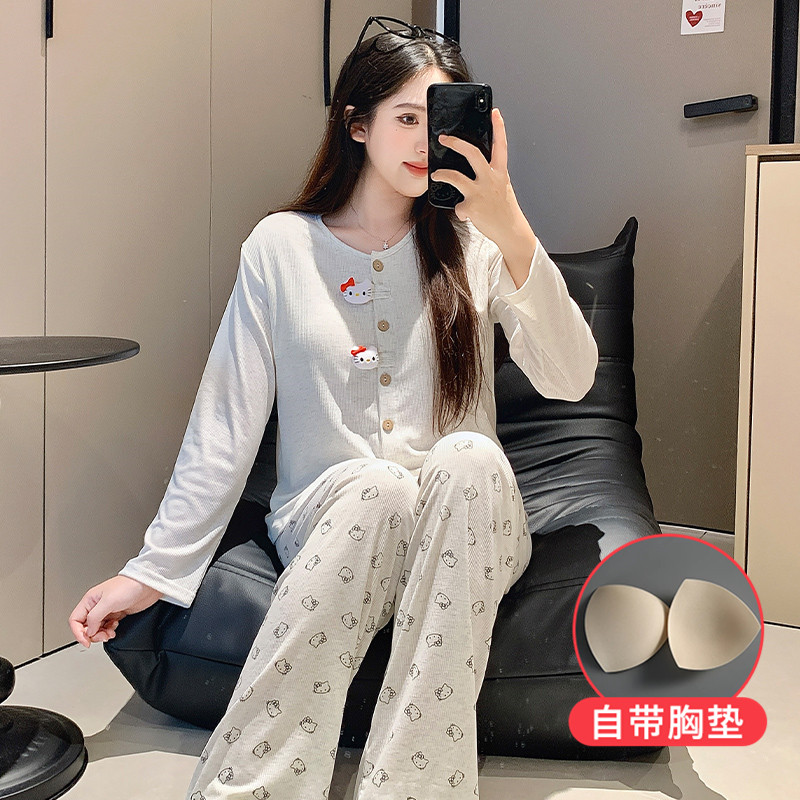 秋季新款长袖带胸垫少女睡衣卡通公仔透气舒适学生宿舍家居服套装