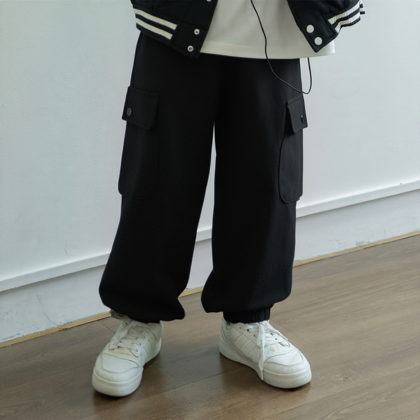 【卡七】男孩加绒工装裤2025冬季新款中大童黑色加厚卫裤宽松裤子潮