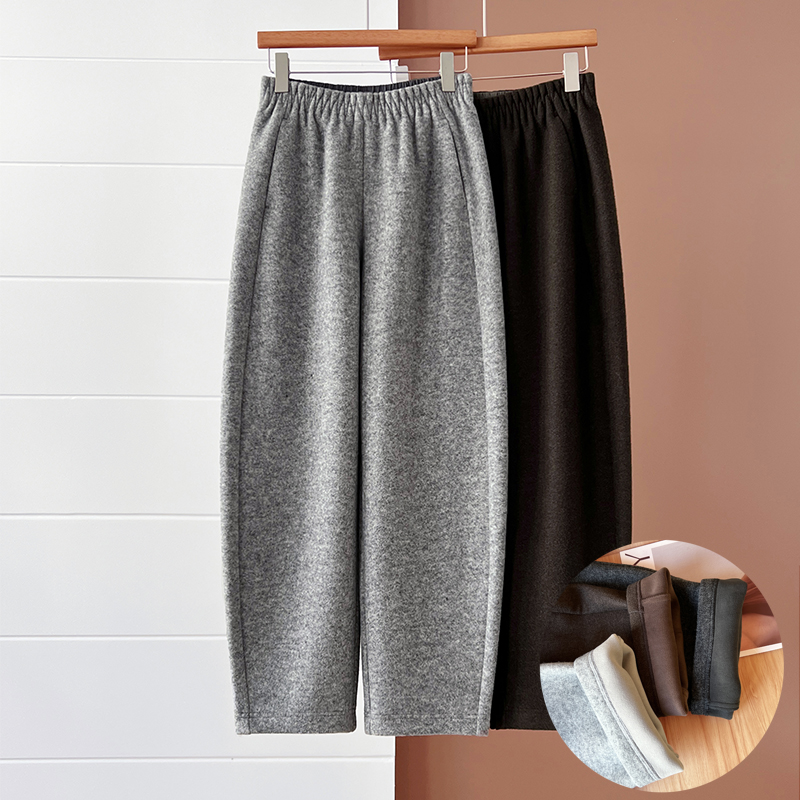 高端加绒绵羊毛呢九分裤女冬新款裤松紧腰显瘦休闲小弯刀哈伦裤女