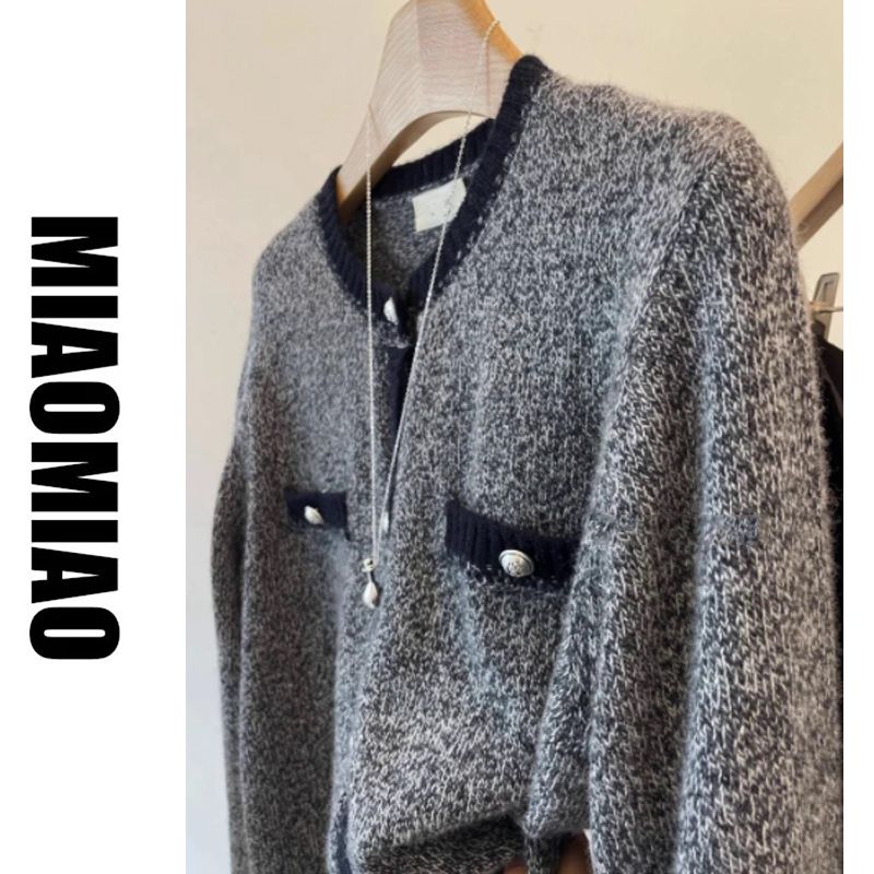 【大码】杂色灰小香风」宝藏百搭款！圆领厚款显瘦针织开衫女上衣2289