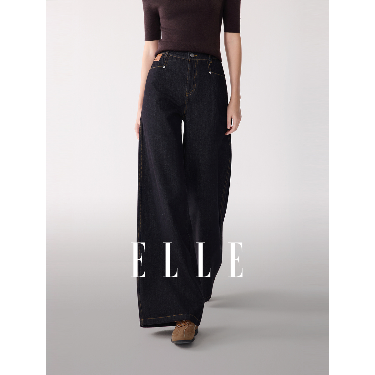ELLE女装水洗牛仔裤2025冬新款显瘦小个子通勤阔腿裤子EQ53215