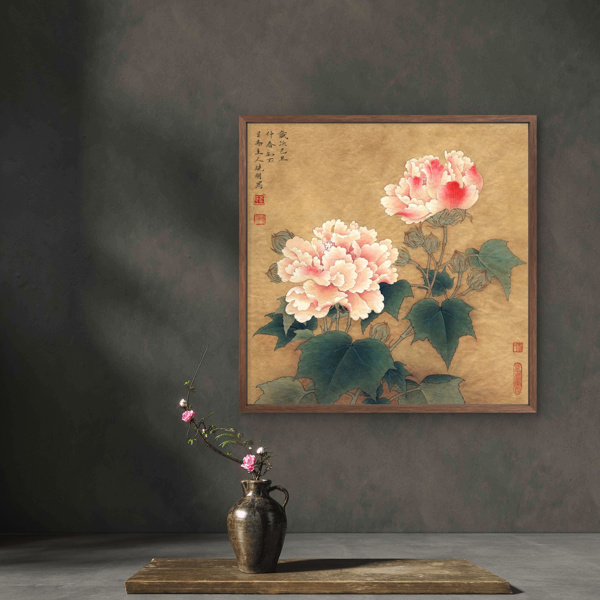 9528-40*40出水芙蓉中式装饰画木框玄关书房茶室客厅挂画
