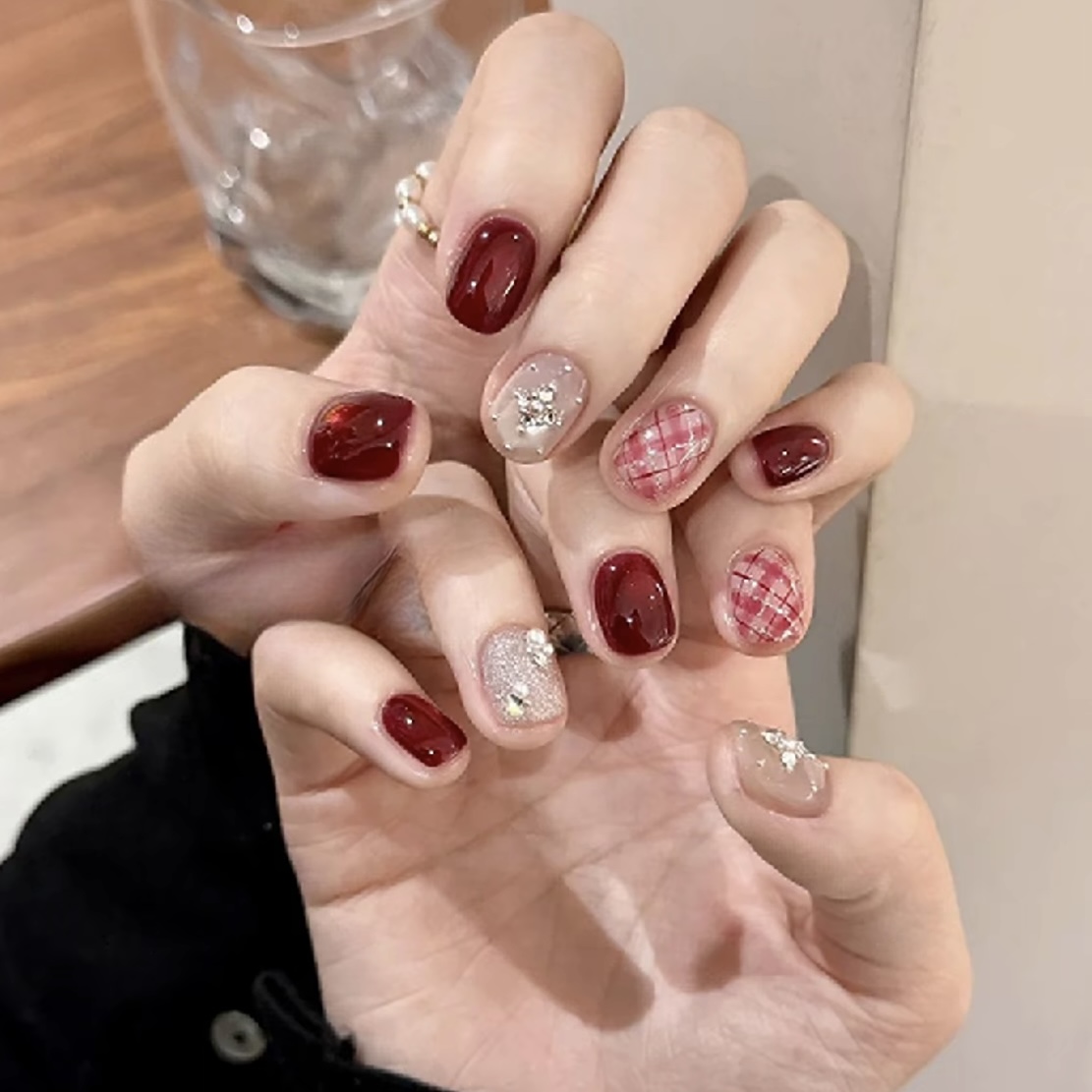 【酒红甜格】SL气质ins小香风格纹爆闪猫眼新年日常手工穿戴美甲