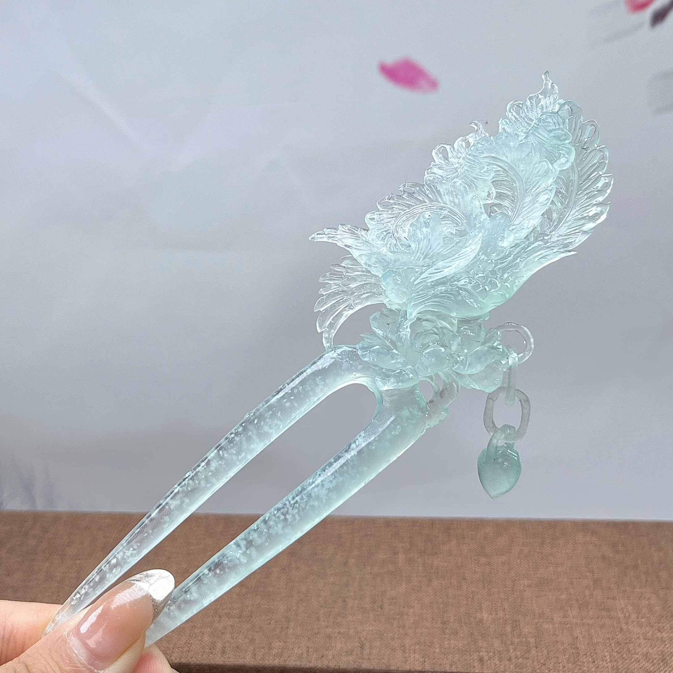 岫玉高品质天青冻凤凰发簪 整体长度18cm 簪体入发长度9cm