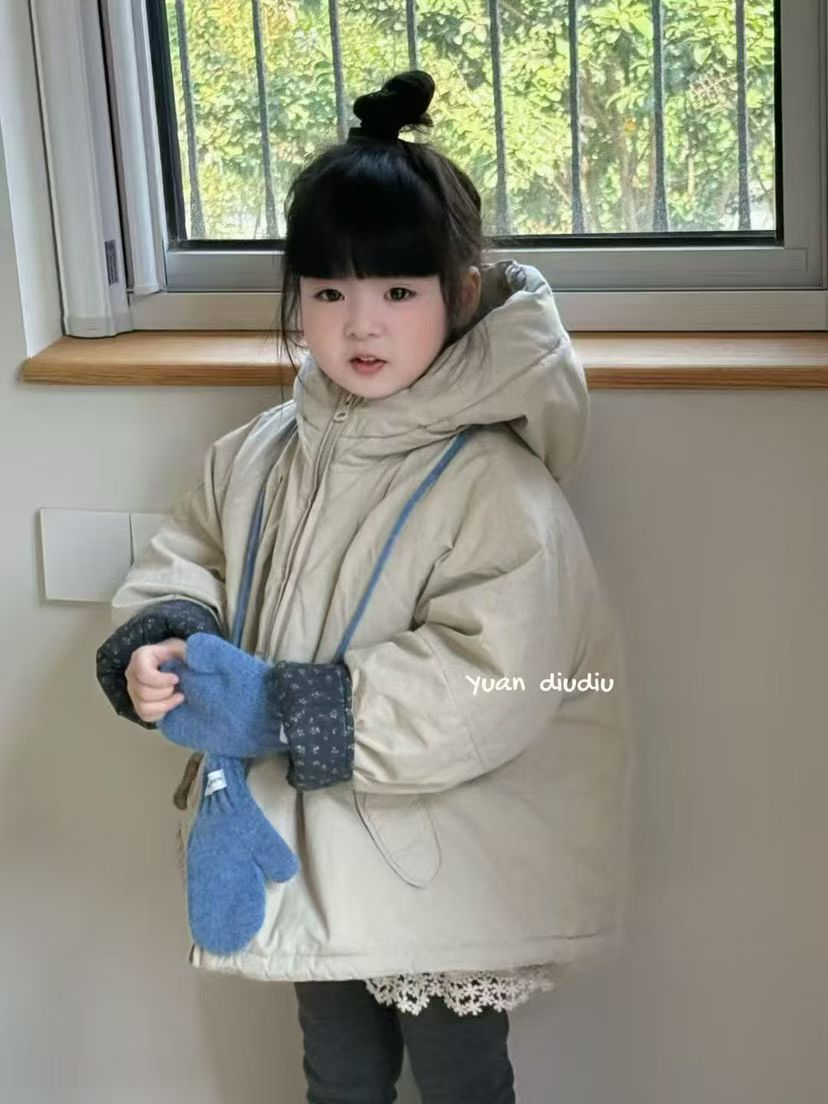 2025秋冬新款儿童韩版百搭连帽加厚棉服女童中长款休闲保暖外套潮