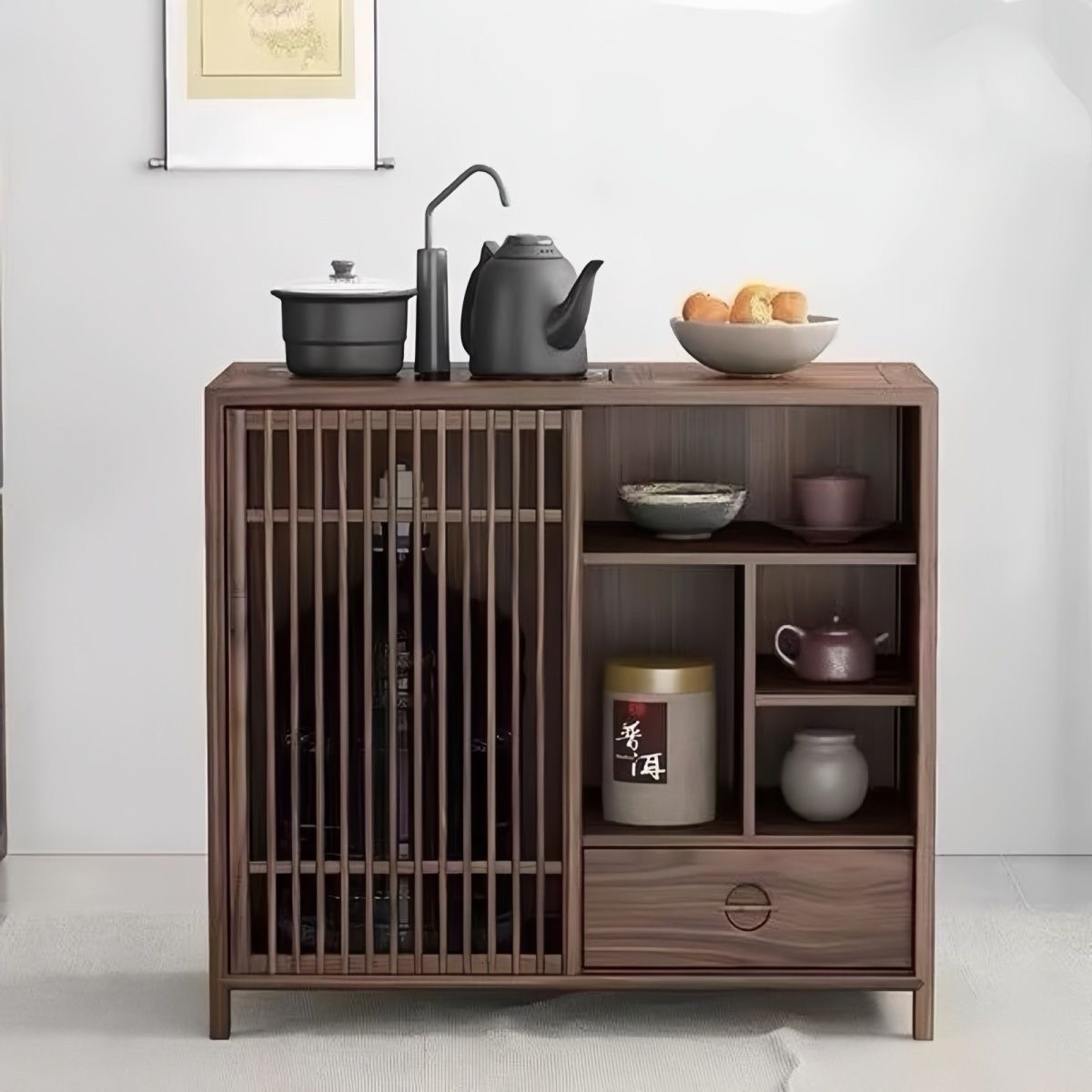 新中式实木茶几茶水柜移动家用烧水小户型客厅水壶榆木一体桌边柜