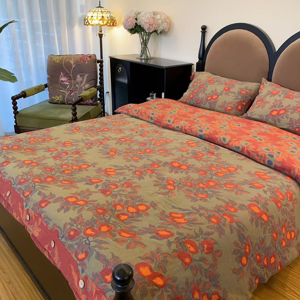 【雅趣】柿柿如意橘绿色 纯棉双层纱亲肤柔软全棉四件套~可机洗