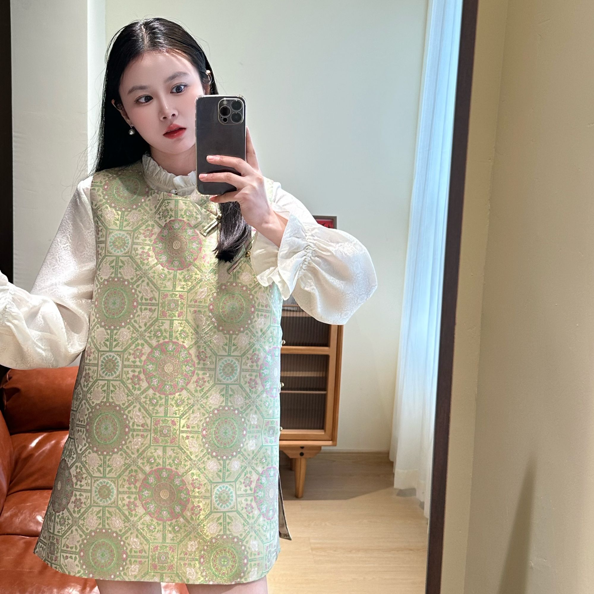 奥黛版浅绿宝箱桑蚕丝老宋锦80长奥黛四季款国风新中式穿搭版