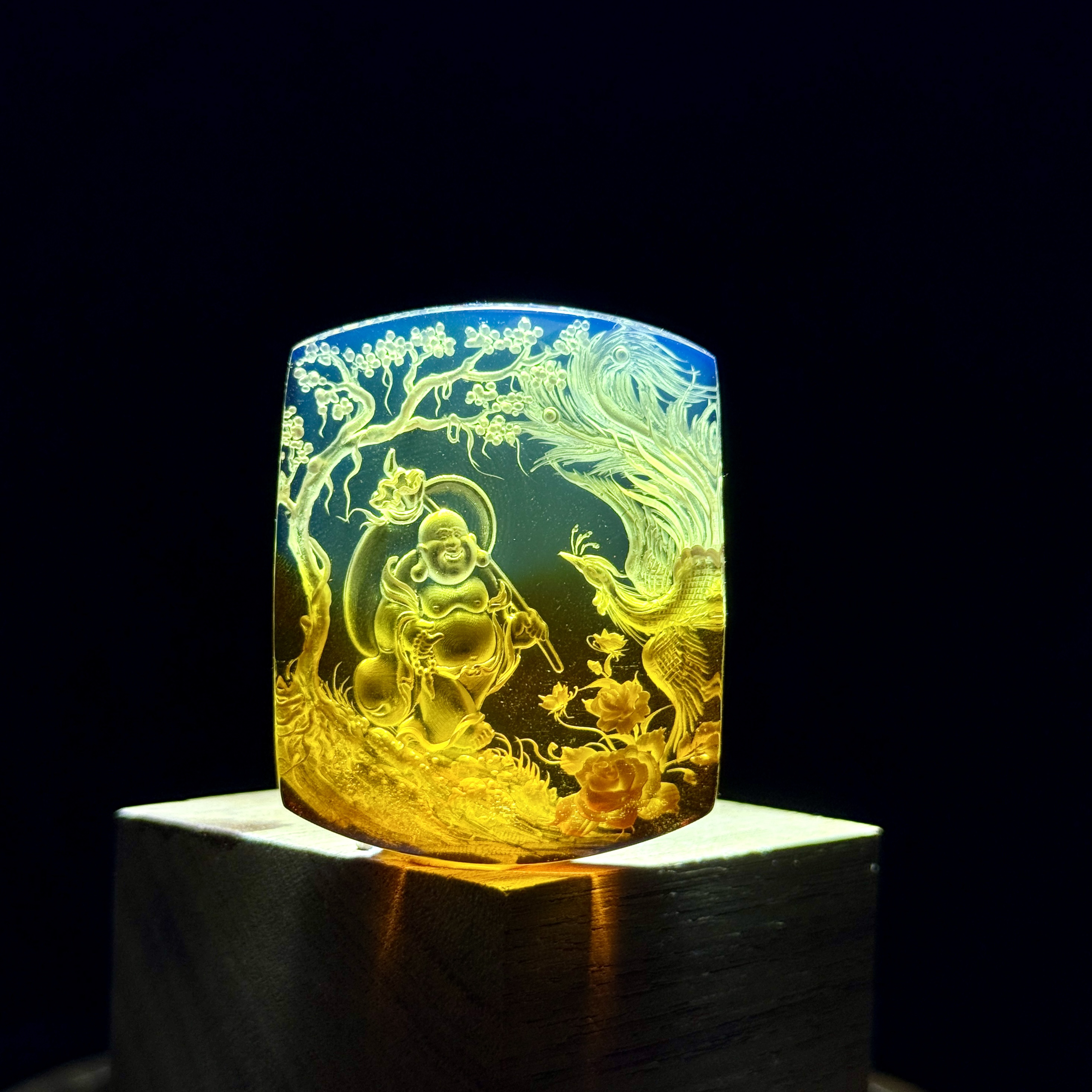 红蓝珀神凤护主弥勒佛阴雕大师手工雕工吊坠挂坠