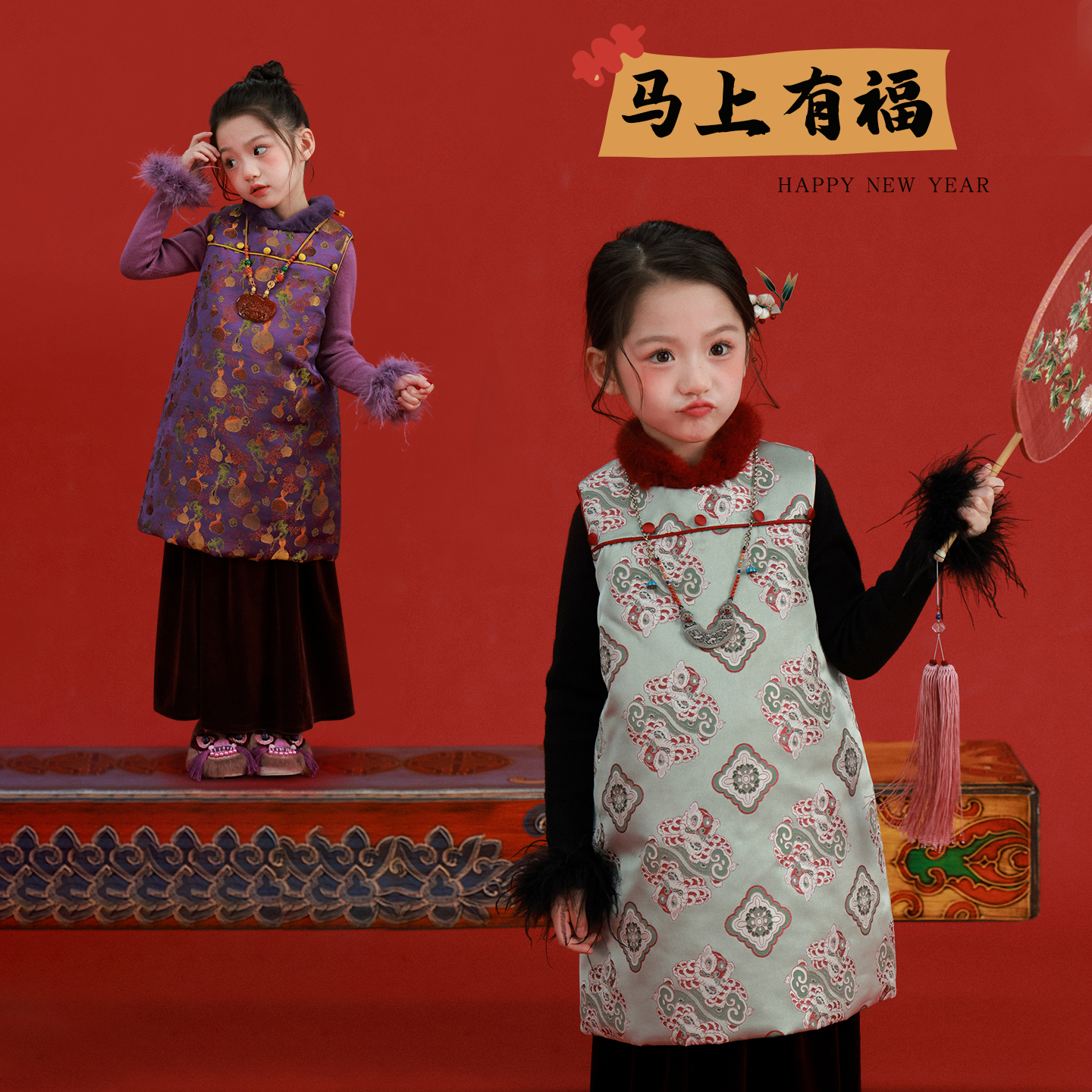 大耳象女童毛领旗袍裙冬新款宝儿夹棉拜年服保暖连衣裙子2593024