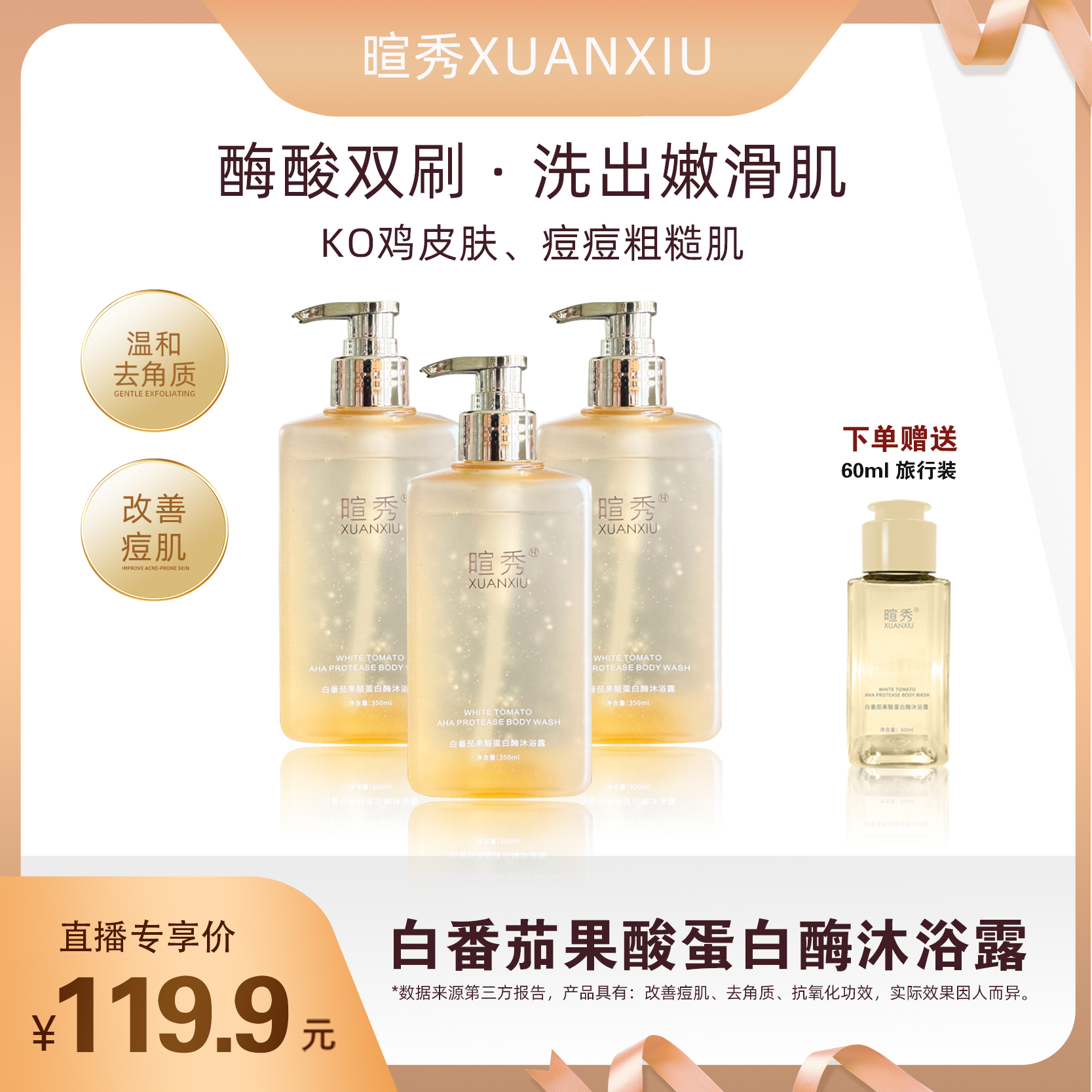 白番茄蛋白酶四重果酸祛痘软化鸡皮角质沐浴露香氛苍兰香持久留香