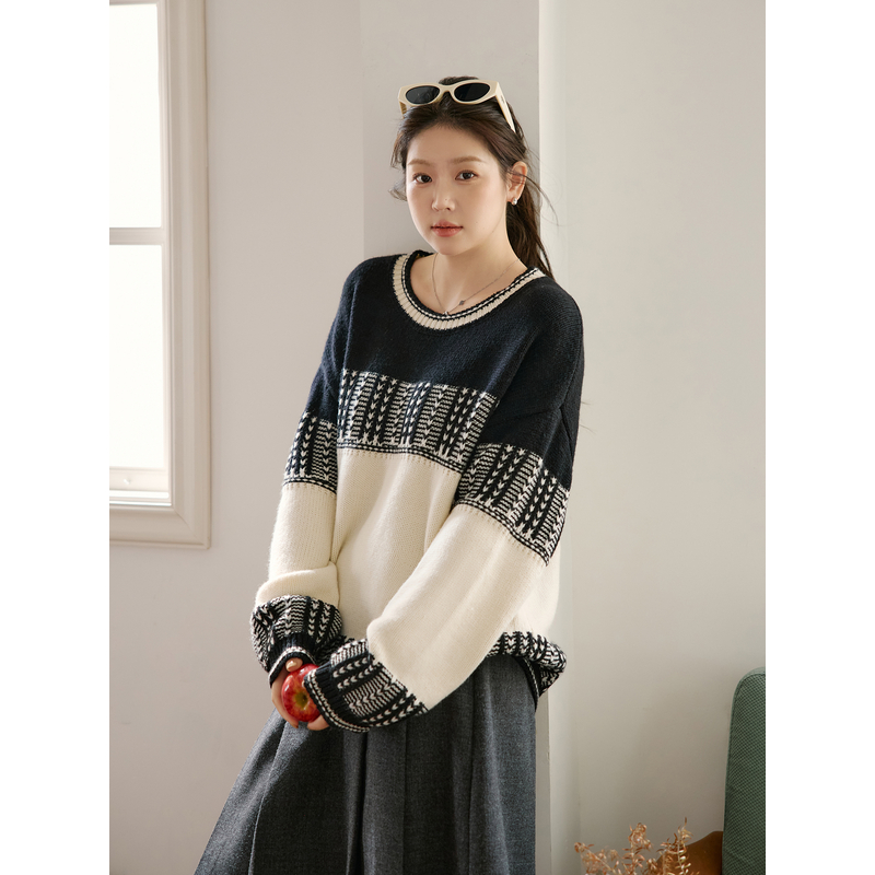 ALINDM【蒙德里安】大码微胖mm撞色长袖针织衫套头毛衣-L80585