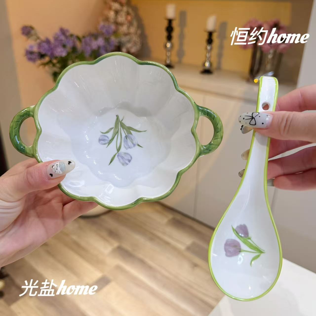 【小汤碗+勺】郁金香小南瓜碗陶瓷双耳汤碗家用装汤碗勺学生餐具