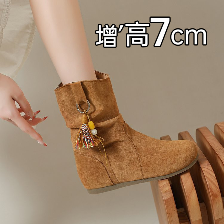 小个子内增高7cm复古勃肯短靴女2025秋冬褶皱堆堆短筒西部马丁靴
