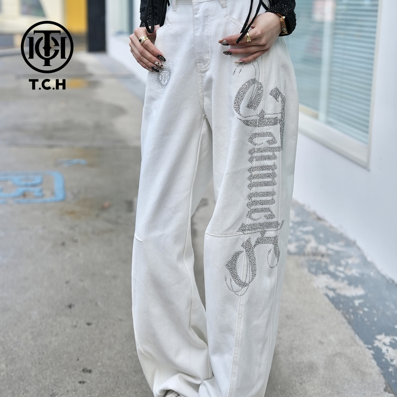 TCH高街白色水洗轻奢烫钻高级感百搭阔腿裤子女弯牛仔裤印花潮流