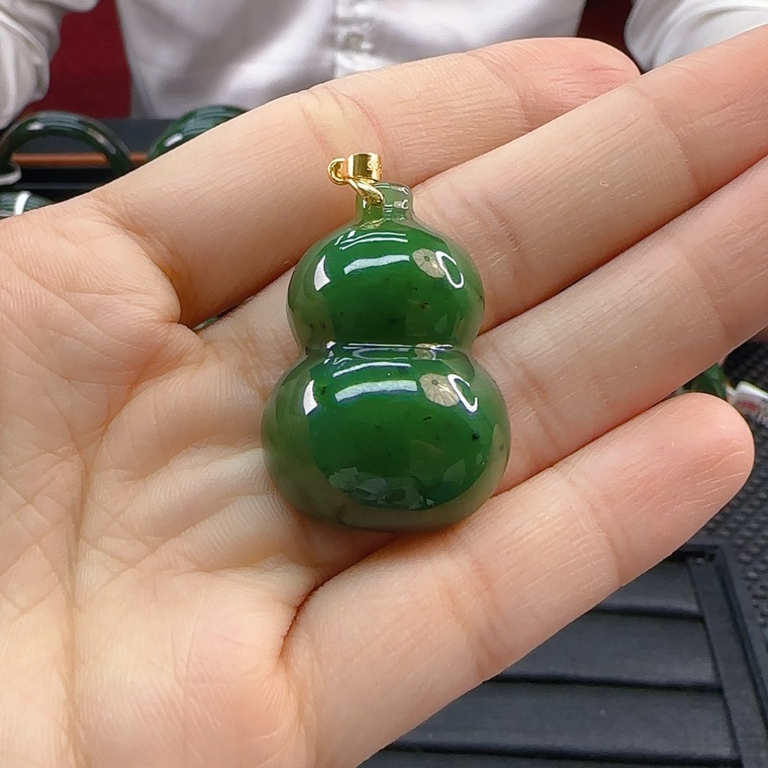 颈饰银S925镶嵌和田玉碧玉大葫芦吊坠