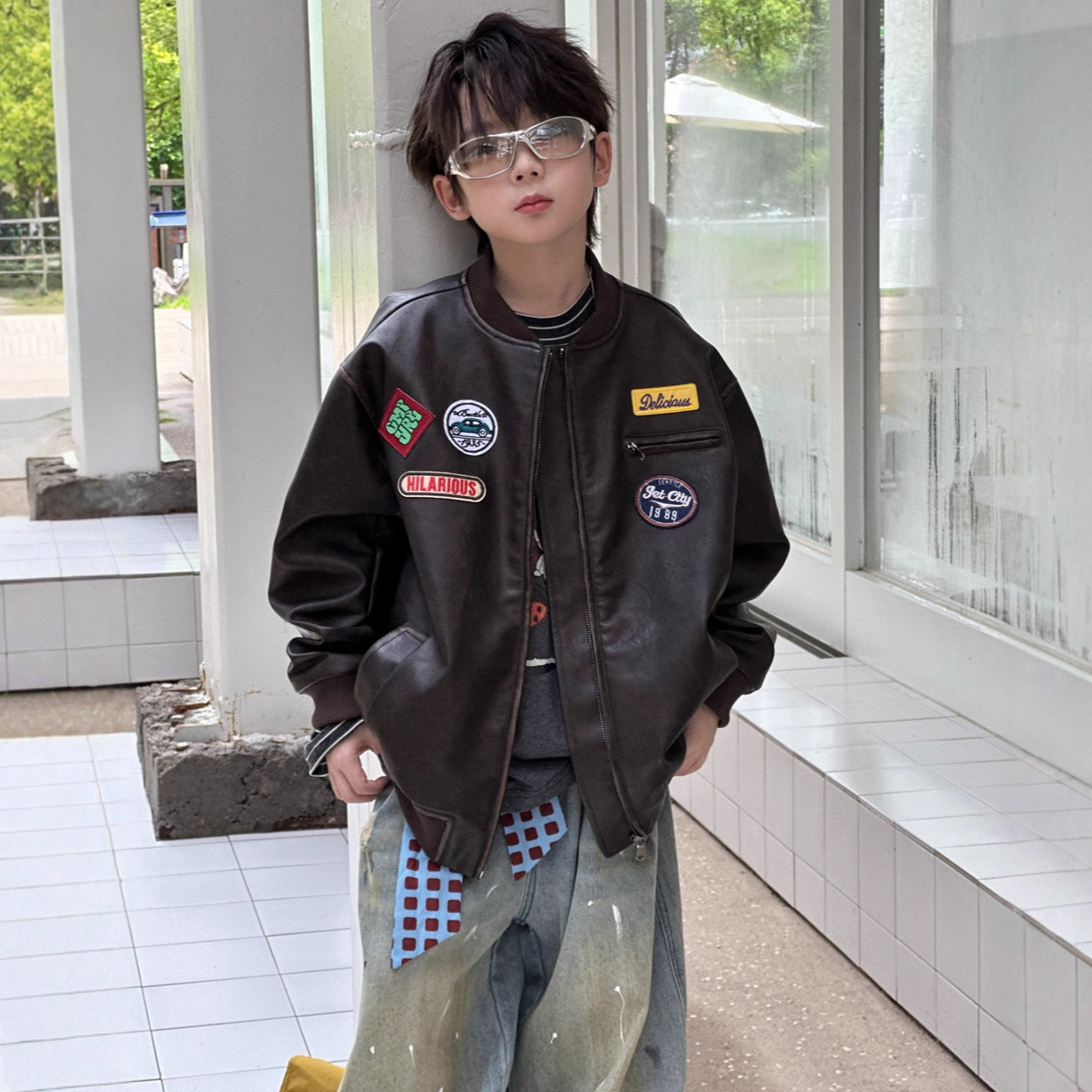A.MU2025秋季新款手擦做旧贴标棒球服皮衣外套儿童洋气皮夹克男童