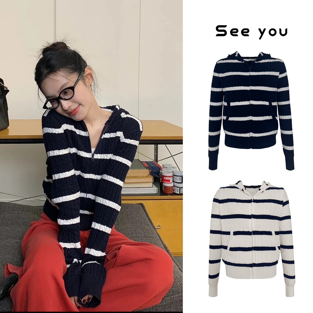 复古连帽针织开衫氛围感减龄显瘦穿搭条纹毛衣外套A1533