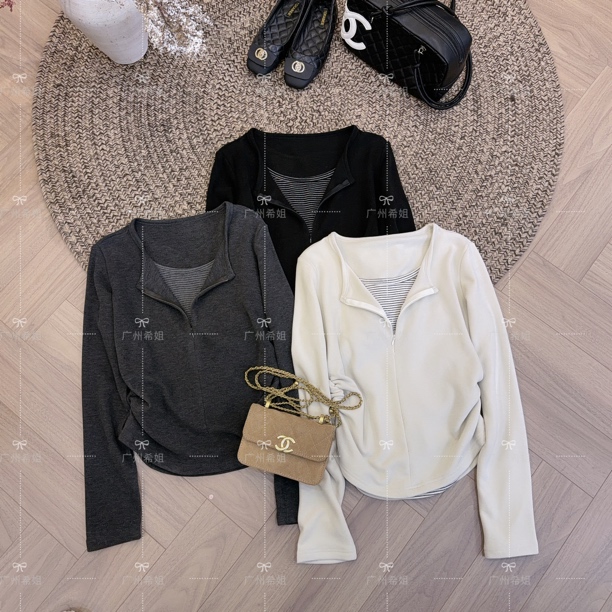 【纸片人】韩版半拉链褶皱羊绒保暖长袖T恤打底衫女25冬季上衣