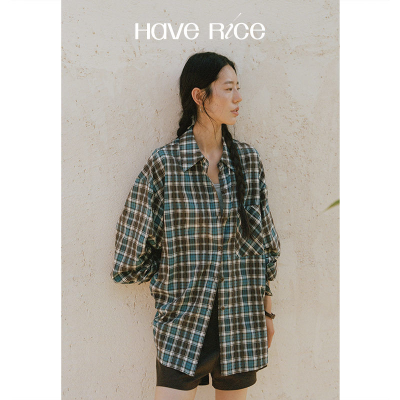 【复古提花格纹衬衫】HAVERICE薄荷黑巧 色织格纹全棉宽松长袖衬衫