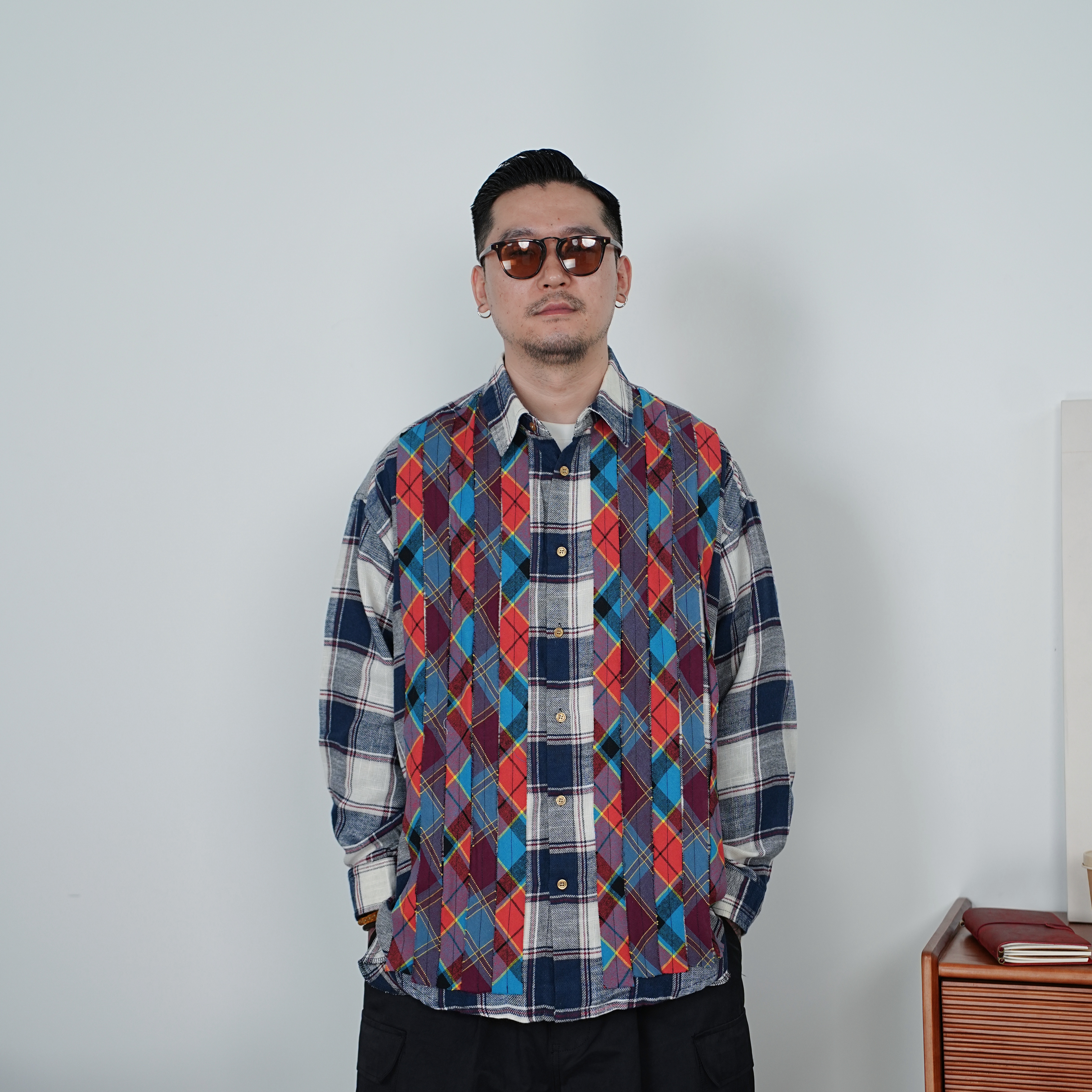 25FW秋季港风小众复古撞色格子衬衫日系休闲宽松情侣长袖格纹衬衣