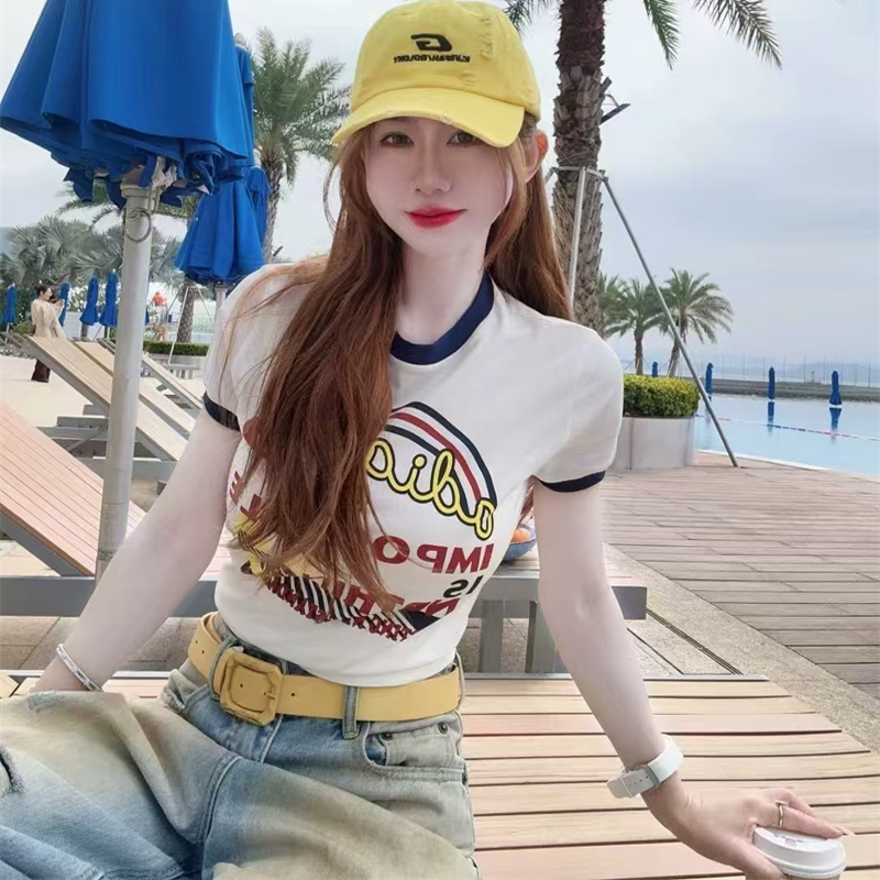 欧货2025夏装新款潮流字母印花拼接棉短袖T恤女半袖正肩修身上衣