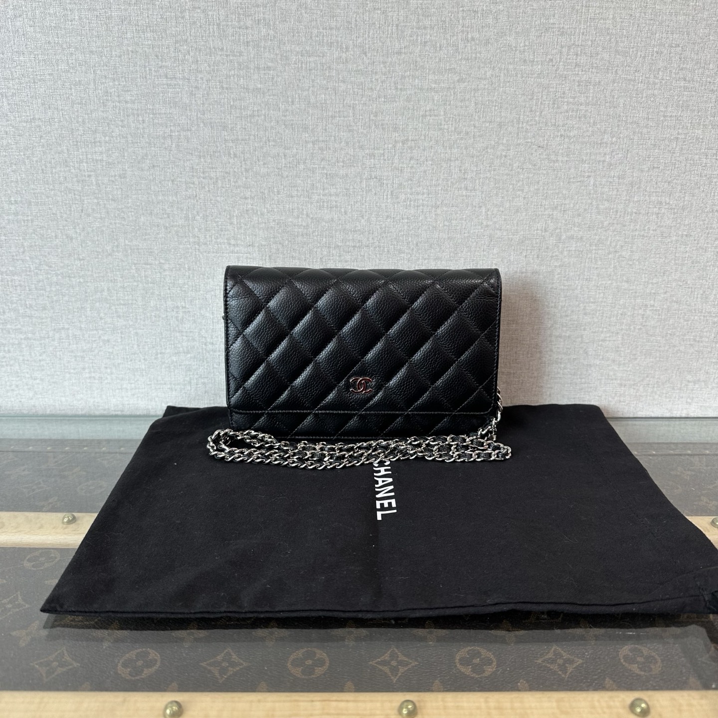 99新 Chanel/香奈儿 黑银荔枝纹牛皮woc链条包 71238