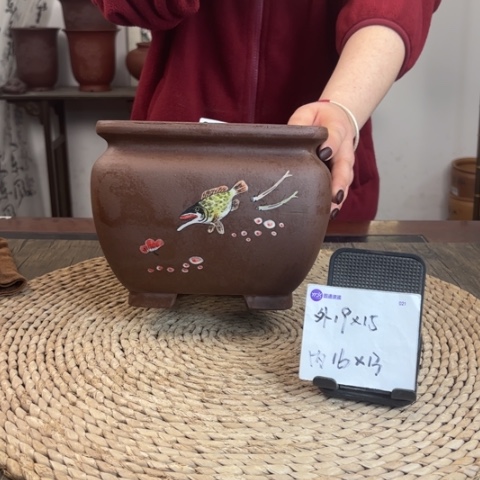 紫砂花盆紫玉金砂年年有余手绘束口四方049