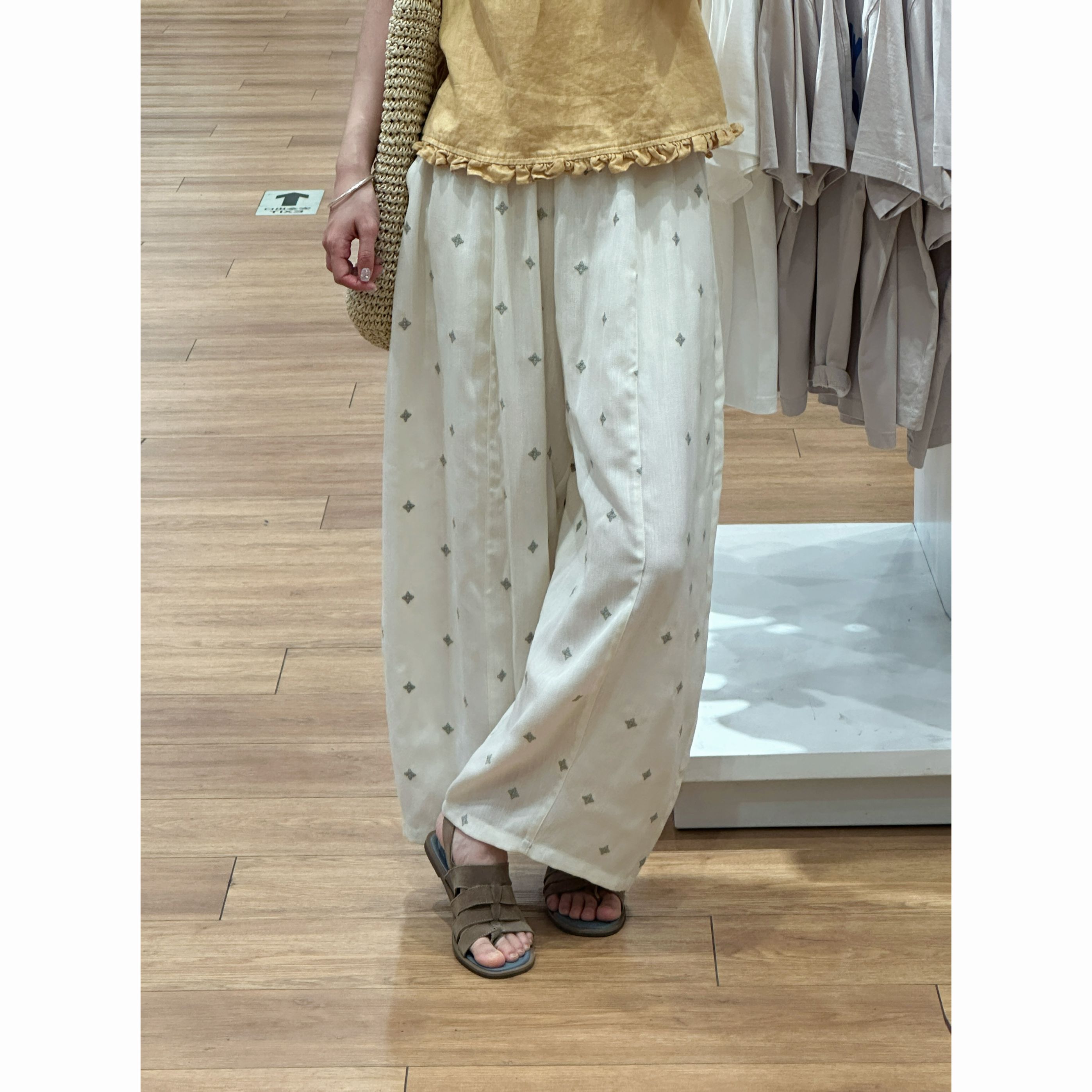 【歡囍】亚麻混纺刺绣休闲裤高腰显瘦宽松直筒阔腿裤夏季百搭