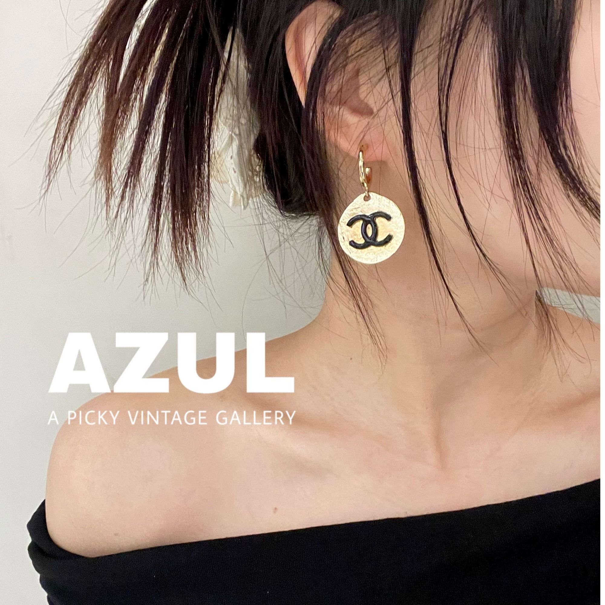 95新 Chanel/香奈儿 Azul-Chanel 22A黑金熔岩双C金币耳钉 42678