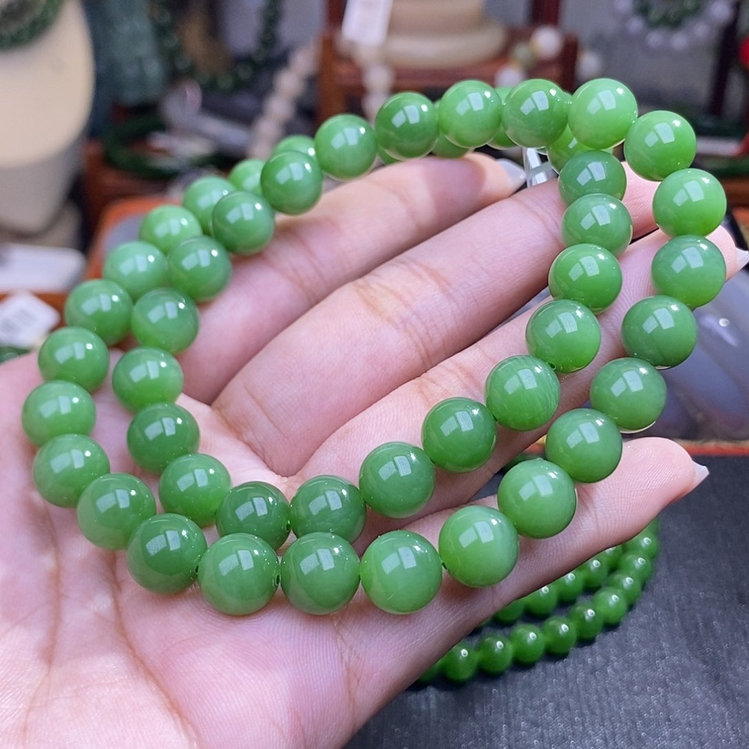 和田玉老矿料碧玉粉绿收藏级妈妈链10mm未镶嵌