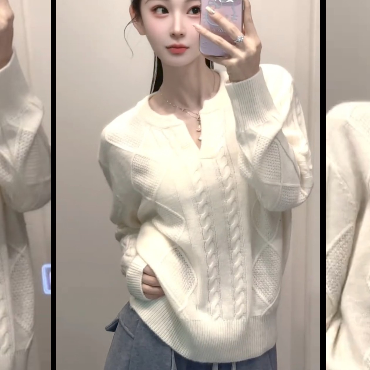 《柔风》2026蓉蓉家冬季新款韩版浣熊拼羊毛纯欲风V领慵懒毛衣上衣