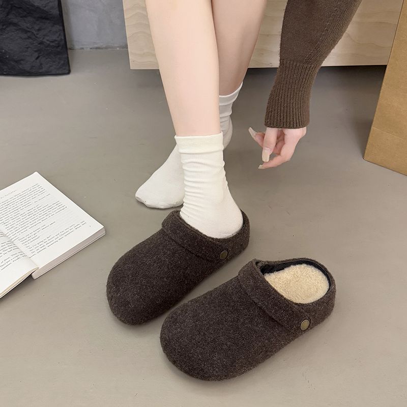 好看毛毡勃肯半拖鞋女秋冬新款秋冬加绒内增高一鞋两穿懒人包头拖