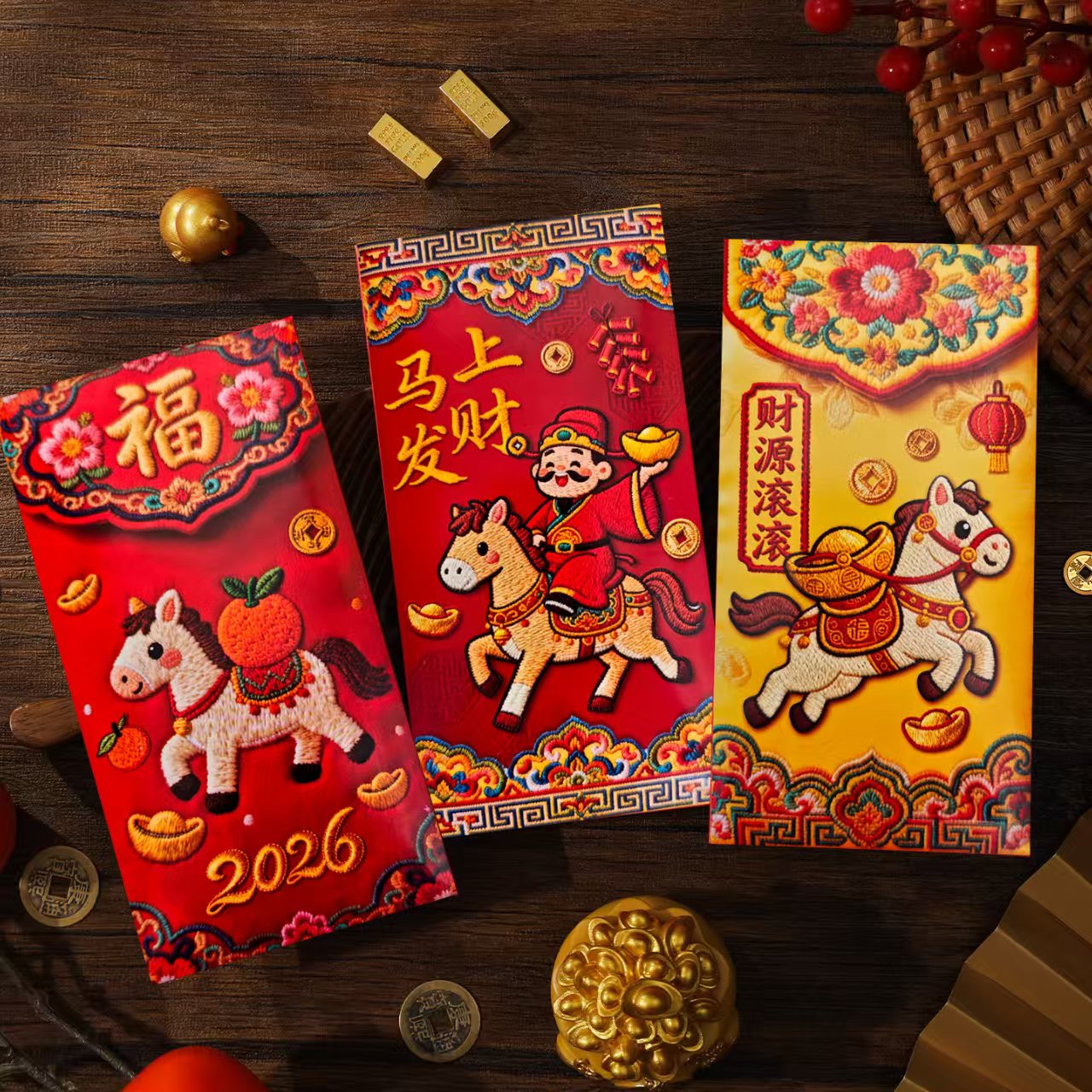 【2026马年红包】新款卡通福马平面仿刺绣风格可爱创意春节利是封