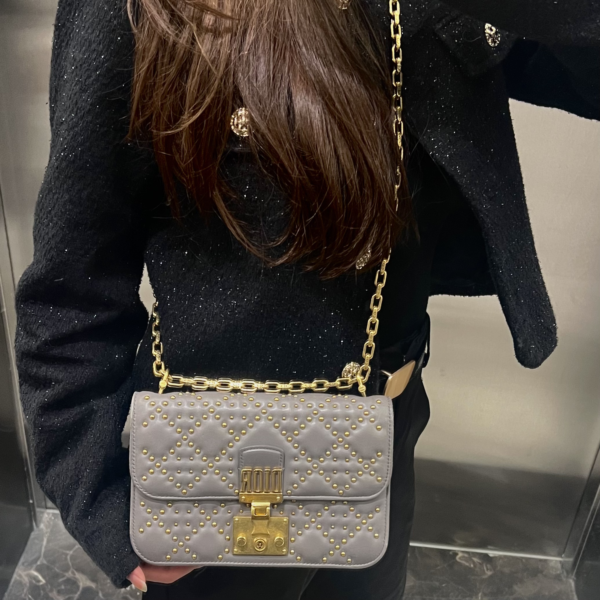 95新 DIOR/迪奥 dior灰色addict铆钉链条斜挎包