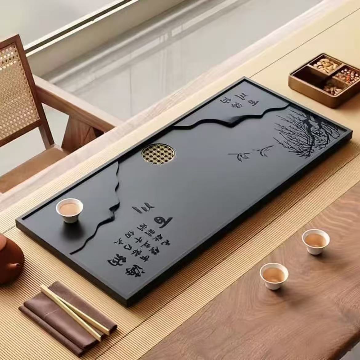 【海纳百川】新款乌金石茶盘直排下水茶台干湿分离茶桌家用办公