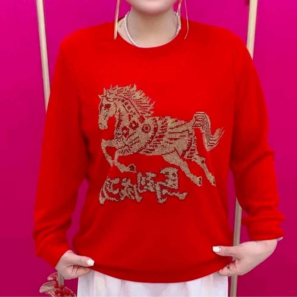 2026新年德绒保暖重工烫钻红色喜庆马年小衫本命年显瘦T恤打底衫