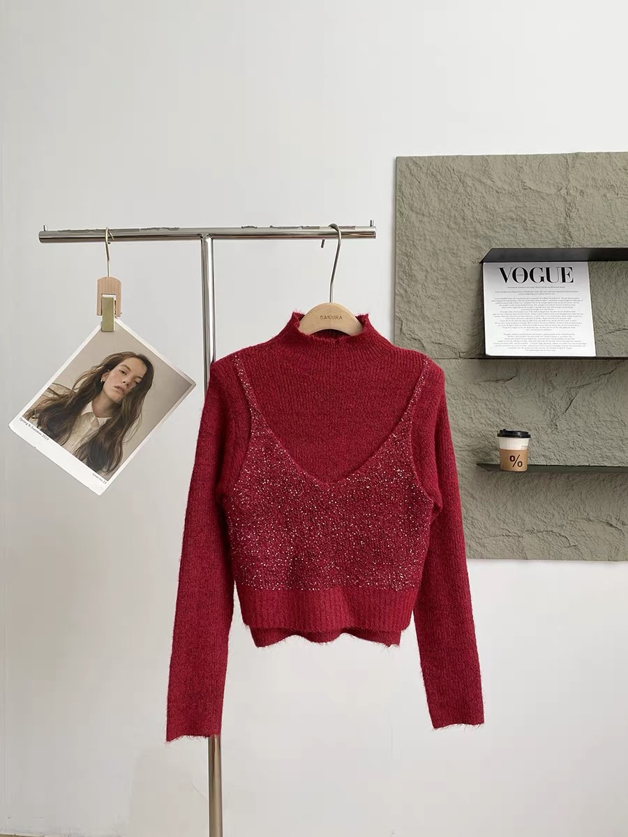 MeiQi 欧洲站！亮片V领针织吊带 圆领长袖针织毛衣两件套百搭A4034